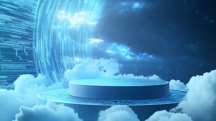 Wall Mural - Futuristic platform with glowing blue digital portal in the clouds.