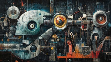 Poster - Abstract Industrial Machine with Circular Components and Gears