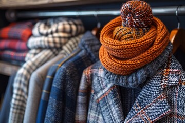 Elegant winter apparel showcases a variety of textures and colors, highlighting warm scarves and stylish jackets in a boutique setting designed for the colder months