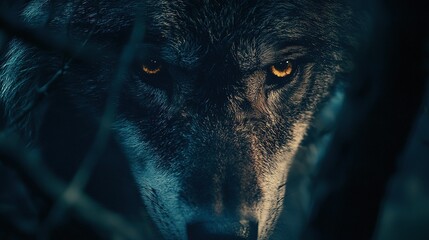 Wall Mural -   A close-up wolf's face appears in a chain link fence against a black background