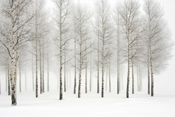 Sticker - A Snowy Grove of Birch Trees in a Foggy Winter Landscape