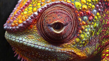   A close-up of a vibrant chameleon's face, with the eye fixed on the camera