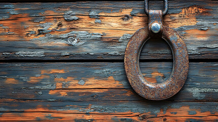 Aged wooden plank with an iron horseshoe hanging, representing ancient superstitions and fortune in a traditional country home