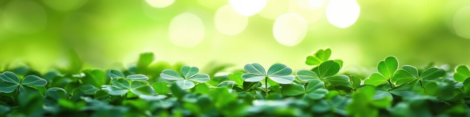 Patricks Day. Lucky Irish Four Leaf Clover and Shamrocks on Green Background