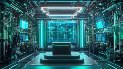 Aufkleber - Futuristic control room with glowing green screens and a podium in the center.