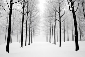 Sticker - A Snow-Covered Forest Path with Tall, Bare Trees