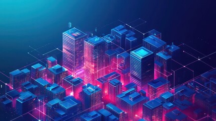 Poster - Futuristic Cityscape with Neon Lights and Digital Connections