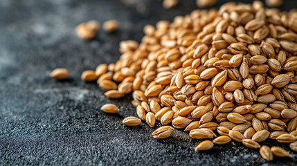 Closeup of raw barley grains with a rustic background, highlighting their natural, organic quality and agricultural significance