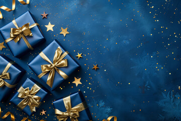 Christmas background card with blue gifts and copyspace copy space created with generative ai