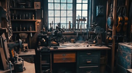Aufkleber - A Rustic Workshop with Tools and a Vintage Machine