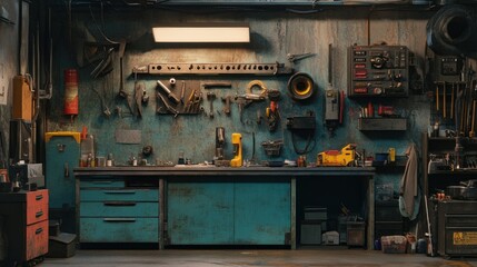 Aufkleber - A Well-Equipped and Worn Workshop with Tools and Storage