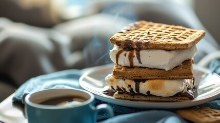 Wall Mural -   A white plate holds a stack of golden waffles and a steaming cup of coffee atop a wooden table