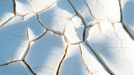 Poster - Bright daylight highlights the intricate patterns and textures of cracked white paint on a weathered surface