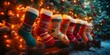 © Dougie C - Cozy holiday stockings with intricate patterns hang by a snowy mantle adorned with festive lights and pinecones.