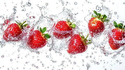 Wall Mural -   Strawberries floating in water with splashes above and below