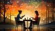 © dea - A couple sits at a table, engrossed in their phones, amidst a colorful sunset backdrop.