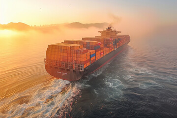 Large container ship sailing on calm sea at sunset