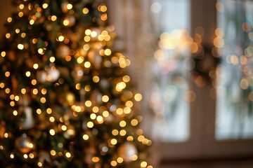 decorated christmas tree with glowing garland, blurred background. modern home interior design, fest