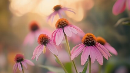 Sticker - Bright pink flowers bloom under the soft glow of sunset in a tranquil garden setting during the warm summer evening