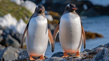 Poster -   Two penguins stand together on a rocky outcropping near the water's edge