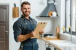 © Maryna - Handsome caucasian plumber in kitchen uniform, smiling, holding clipboard, clipboard in hand. Man looks at camera, photogenic, bearded, work clothes. Service worker, home repair, job, profession,