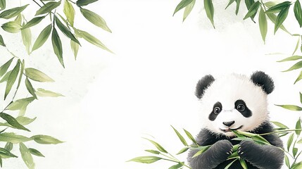 Sticker -   A painting depicts a panda eating bamboo on a white canvas with a bamboo tree in the foreground