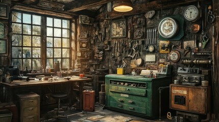 Aufkleber - A cluttered workshop with a workbench, tools, and a window overlooking trees