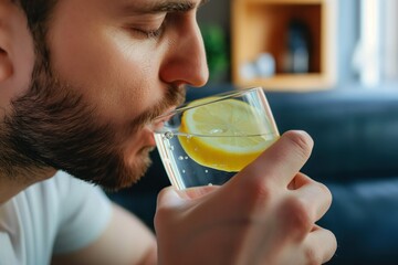 Man drinks glass of water with lemon slice. Close-up of indoor scene with healthy habit. Fresh lemon adds vitamin C to refreshing drink. Hydrating beverage for morning routine.