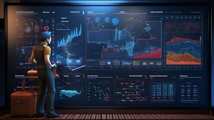 A person analyzing complex data visualizations on a futuristic display.