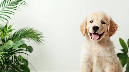 Sticker -   Golden retriever in front of potted plant, happy expression on its face