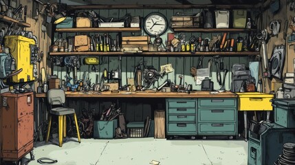 Poster - A cluttered and messy workshop with a workbench and tools