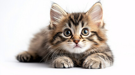 A baby feline with a fluffy fur, lying on a white background, its cute face and surprised eyes creating a charming portrait