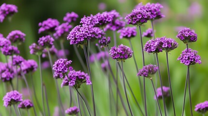 Poster - Purple blooming flowers standing tall in a lush garden during spring in bright daylight