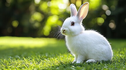 Poster -   A white rabbit sits atop a green field surrounded by trees