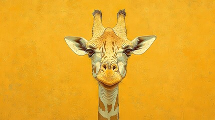 Sticker -   A close-up of a giraffe's head against a yellow wall with a touch of paint