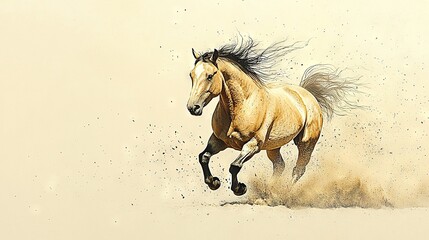 Poster -   A horse in motion, sandy landscape, legs dusting, tail trailing behind