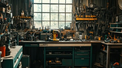 Aufkleber - A well-equipped workshop with tools and a drill on a workbench