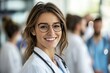 © Saad - A smiling female doctor stands in front of her team, with the background blurred to emphasize their interaction and collaboration. Created with Ai
