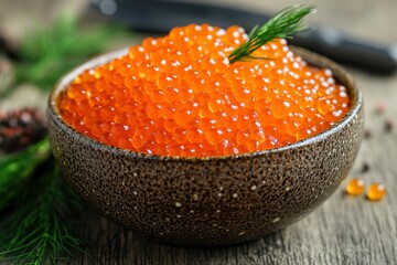 Wall Mural - Pike caviar or roe in the bowl on wooden background - generative ai