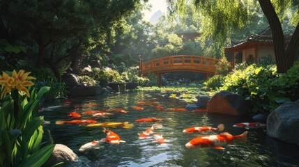 Wall Mural - Serene Koi Pond in a Lush Japanese Garden