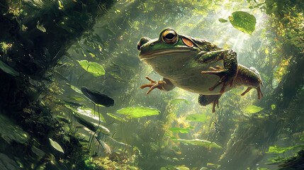 Sticker -  A frog floats amidst green foliage and water lilies in the forest, with its eyes alert