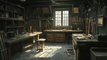 Aufkleber - A Rustic Workshop with Tools and Sunlight Streaming Through a Window