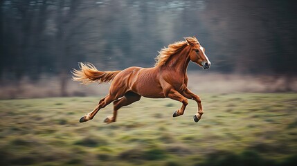 Canvas Print -   A brown horse gallops through a field surrounded by towering trees and misty fog