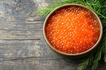 Wall Mural - Pike caviar or roe in the bowl on wooden background - generative ai