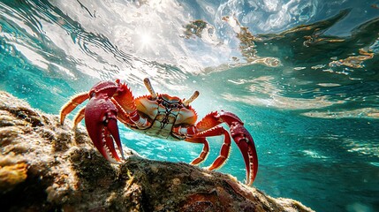 Poster -   A crab sitting on a rock beneath the water's surface