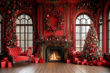 Christmas Interior. Luxurious Red Living Room with Fireplace, Christmas Tree, Gifts, and Wreath