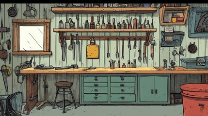 Aufkleber - A Detailed Depiction of a Well-Equipped Workshop with Tools and Storage