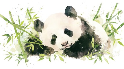 Poster -   A watercolor depiction of a panda reclining in grass, with its head atop bamboo foliage