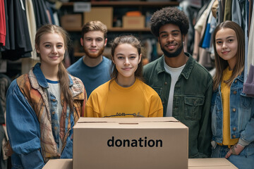 Portrait of young diverse volunteer group with clothes donation box. Donation and charity concept