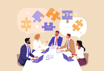 Fototapete - Business Brainstorm concept. Contemporary flat style abstract vector illustration of a group of diverse people at a desk discussing with puzzle pieces above their heads.